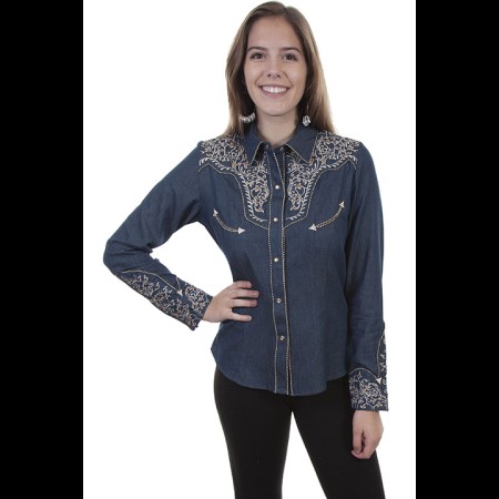 Scully Vine Embroided With Candy Cane Piping Denim Blouse Size XXL